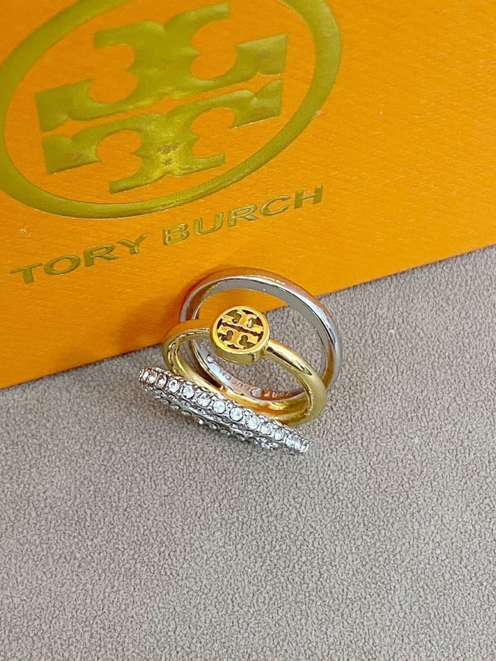 Tory Burch Gold and Silver Stackable Logo and Crystal 3 Ring Size 8